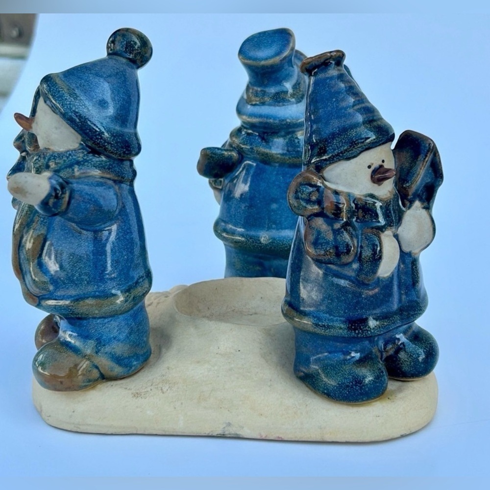 Vintage Christmas Decor Accents Blue Stoneware Snowman Candle Holder Festive Art - Picture 12 of 15